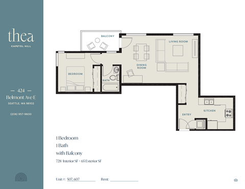 A floor plan of a one bedroom apartment with a balcony.